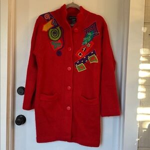 Vintage IB Diffusion Sweater cardigan wool mohair red button embroidered xs